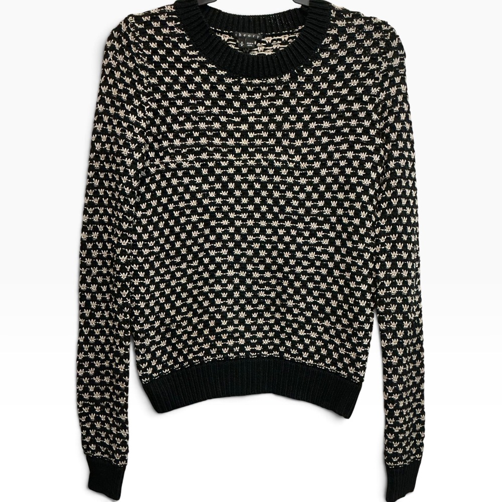 Theory Theda Arabis Black Ivory Textured Cotton Crewneck Knit Sweater Small